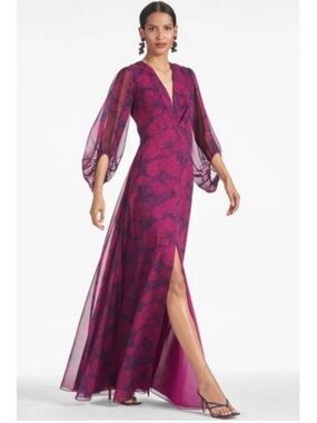 Sachin and Babi Jenny gown Magenta Floral Maxi Dress Sheer Balloon Sleeves Sz 4